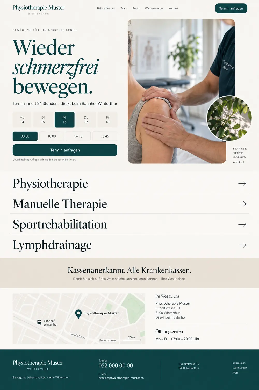 Entwurf für die erfundene Physiotherapie Muster: Sand- und Petroltöne, Terminwahl nach Tag und Zeit