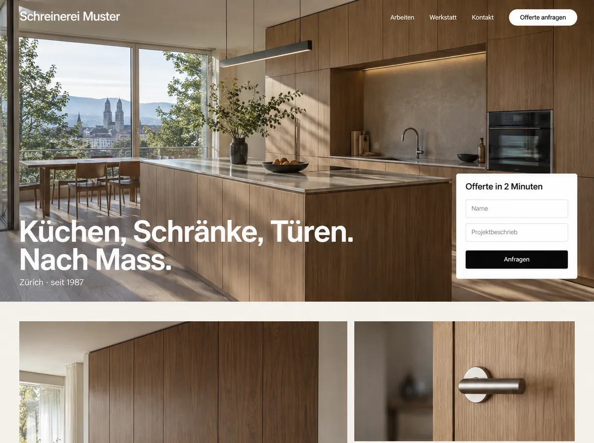 Nachher: neu gestaltete Website derselben Schreinerei mit bildf&uuml;llender K&uuml;che und Offert-Karte